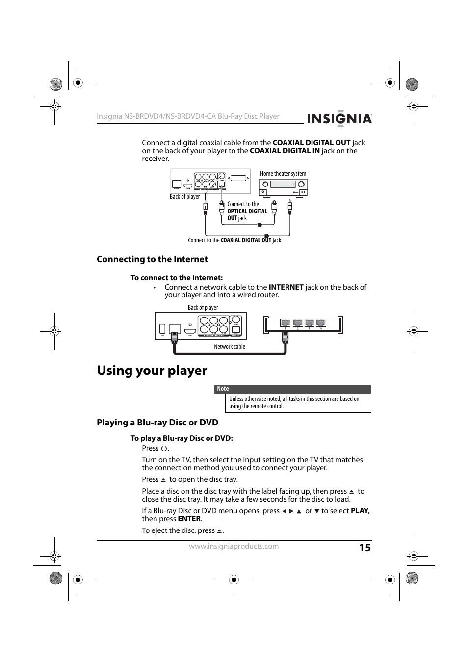 Connecting to the internet, To connect to the internet, Using your player | Playing a blu-ray disc or dvd, To play a blu-ray disc or dvd | Insignia NS-BRDVD4 User Manual | Page 15 / 67