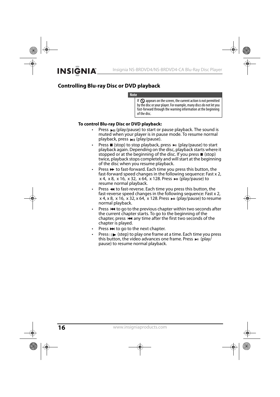 Controlling blu-ray disc or dvd playback, To control blu-ray disc or dvd playback | Insignia NS-BRDVD4 User Manual | Page 16 / 67