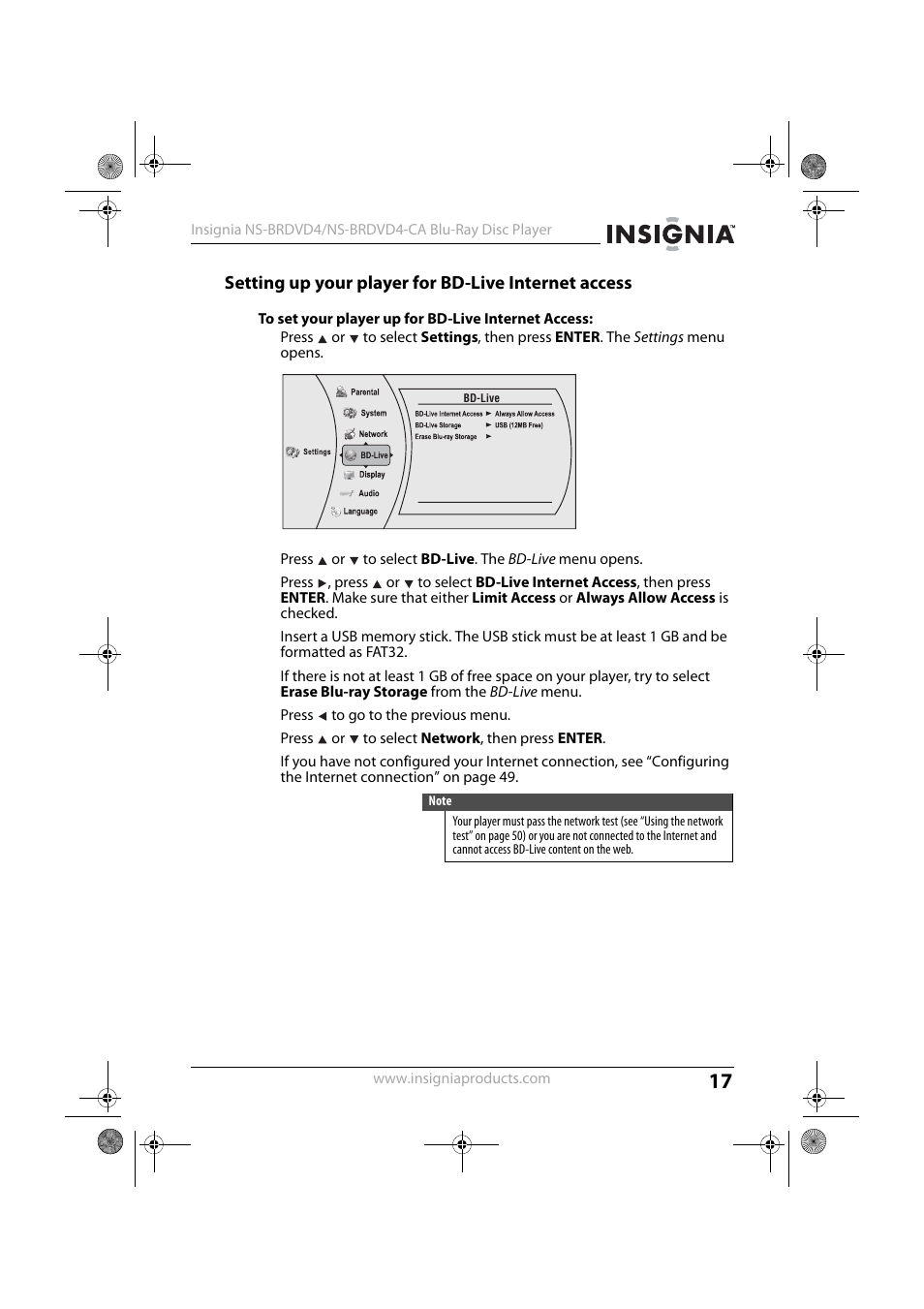 Setting up your player for bd-live internet access, To set your player up for bd-live internet access | Insignia NS-BRDVD4 User Manual | Page 17 / 67