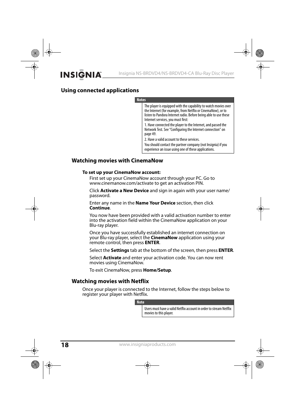 Using connected applications, Watching movies with cinemanow, To set up your cinemanow account | Watching movies with netflix | Insignia NS-BRDVD4 User Manual | Page 18 / 67