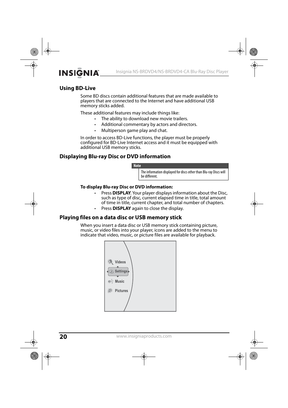 Using bd-live, Displaying blu-ray disc or dvd information, To display blu-ray disc or dvd information | Playing files on a data disc or usb memory stick | Insignia NS-BRDVD4 User Manual | Page 20 / 67