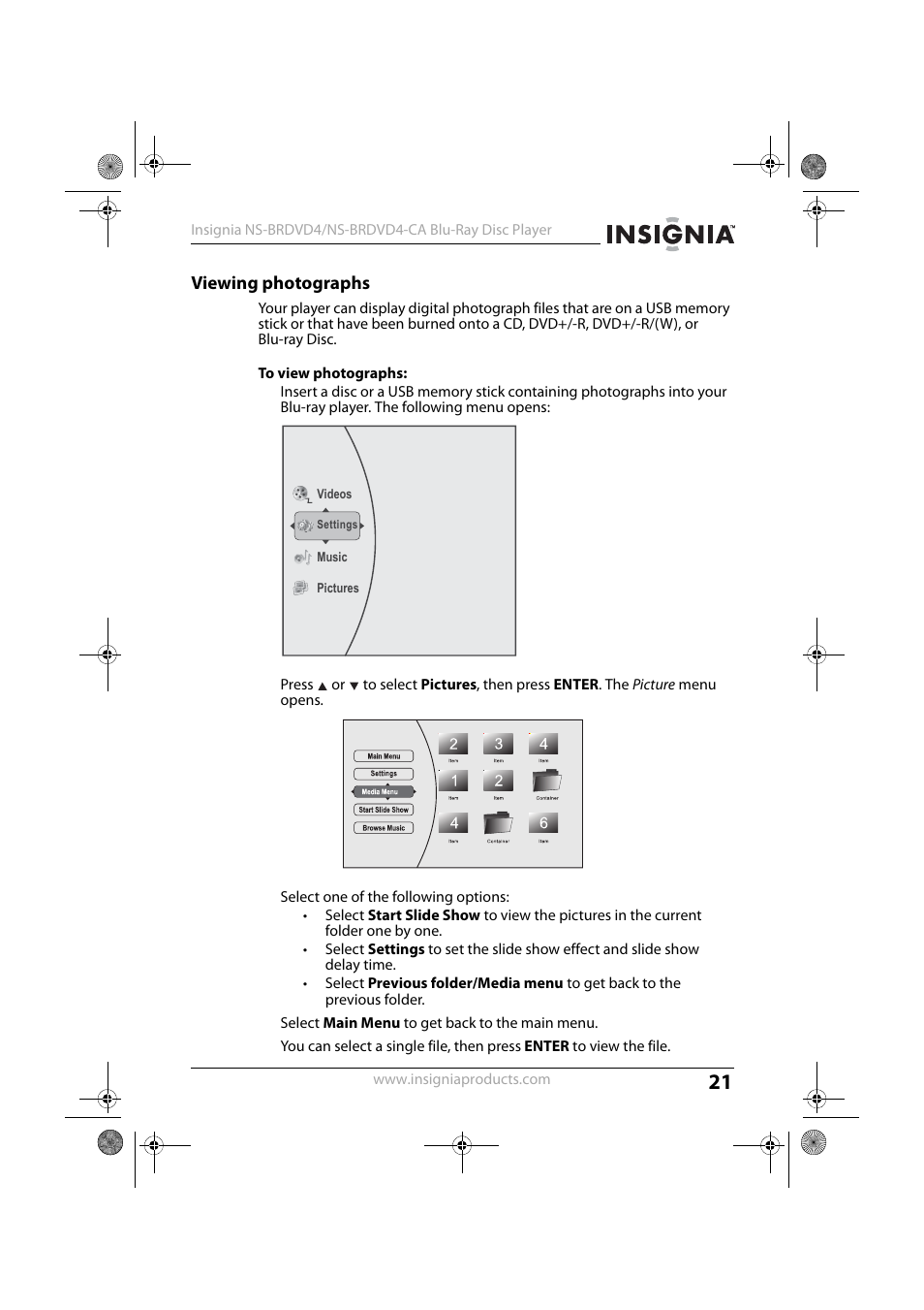 Viewing photographs, To view photographs | Insignia NS-BRDVD4 User Manual | Page 21 / 67