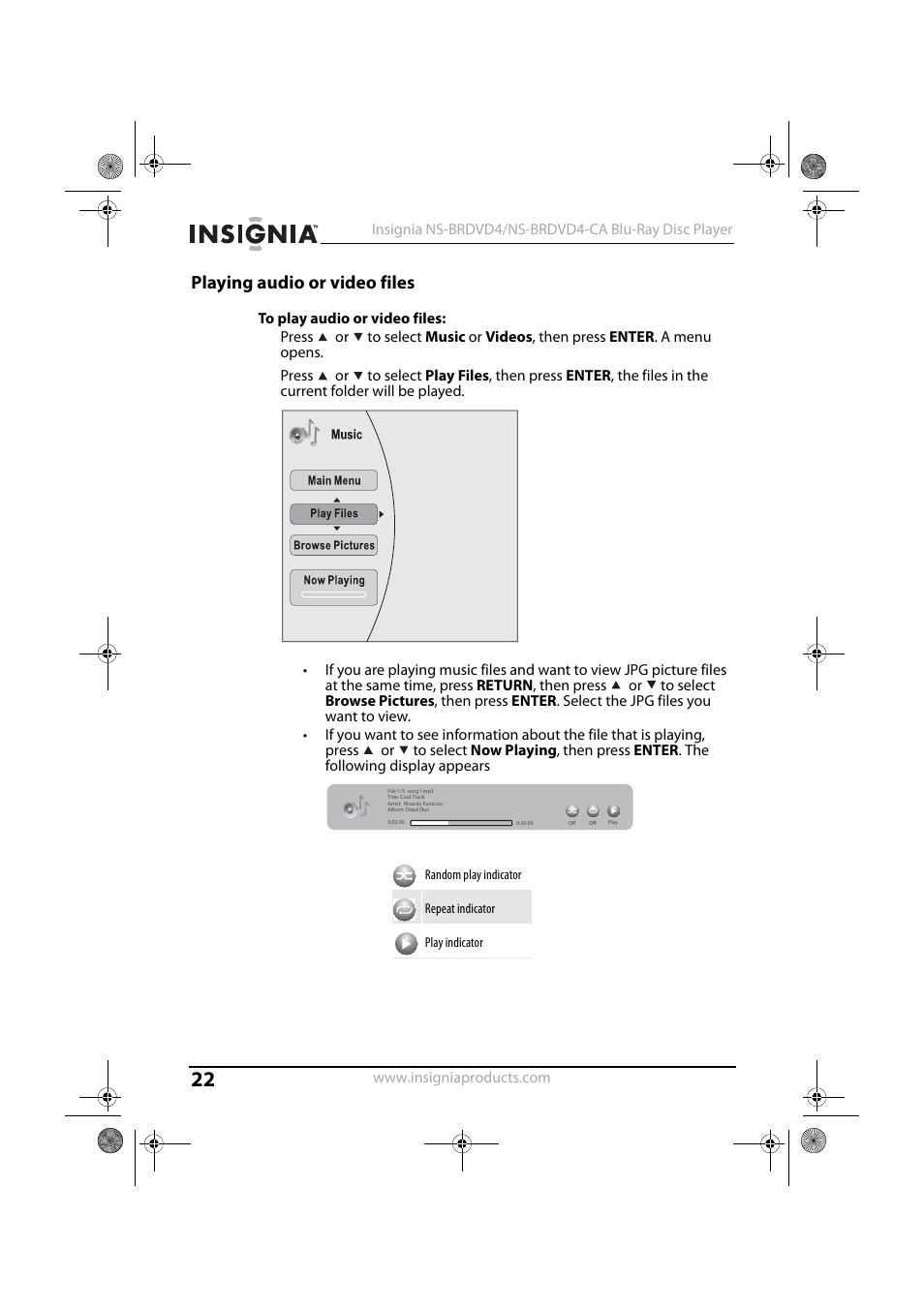 Playing audio or video files, To play audio or video files | Insignia NS-BRDVD4 User Manual | Page 22 / 67