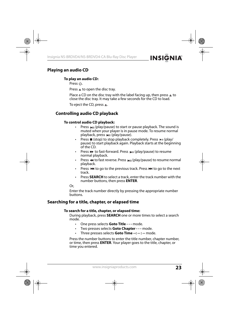 Playing an audio cd, To play an audio cd, Controlling audio cd playback | To control audio cd playback, Searching for a title, chapter, or elapsed time, To search for a title, chapter, or elapsed time | Insignia NS-BRDVD4 User Manual | Page 23 / 67