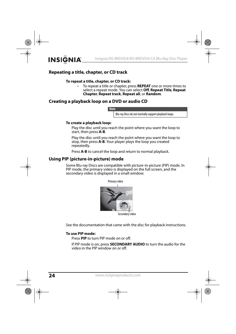 Repeating a title, chapter, or cd track, To repeat a title, chapter, or cd track, Creating a playback loop on a dvd or audio cd | To create a playback loop, Using pip (picture-in-picture) mode, To use pip mode | Insignia NS-BRDVD4 User Manual | Page 24 / 67