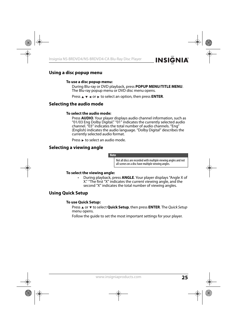 Using a disc popup menu, To use a disc popup menu, Selecting the audio mode | To select the audio mode, Selecting a viewing angle, To select the viewing angle, Using quick setup, To use quick setup, Selecting the audio mode” on | Insignia NS-BRDVD4 User Manual | Page 25 / 67