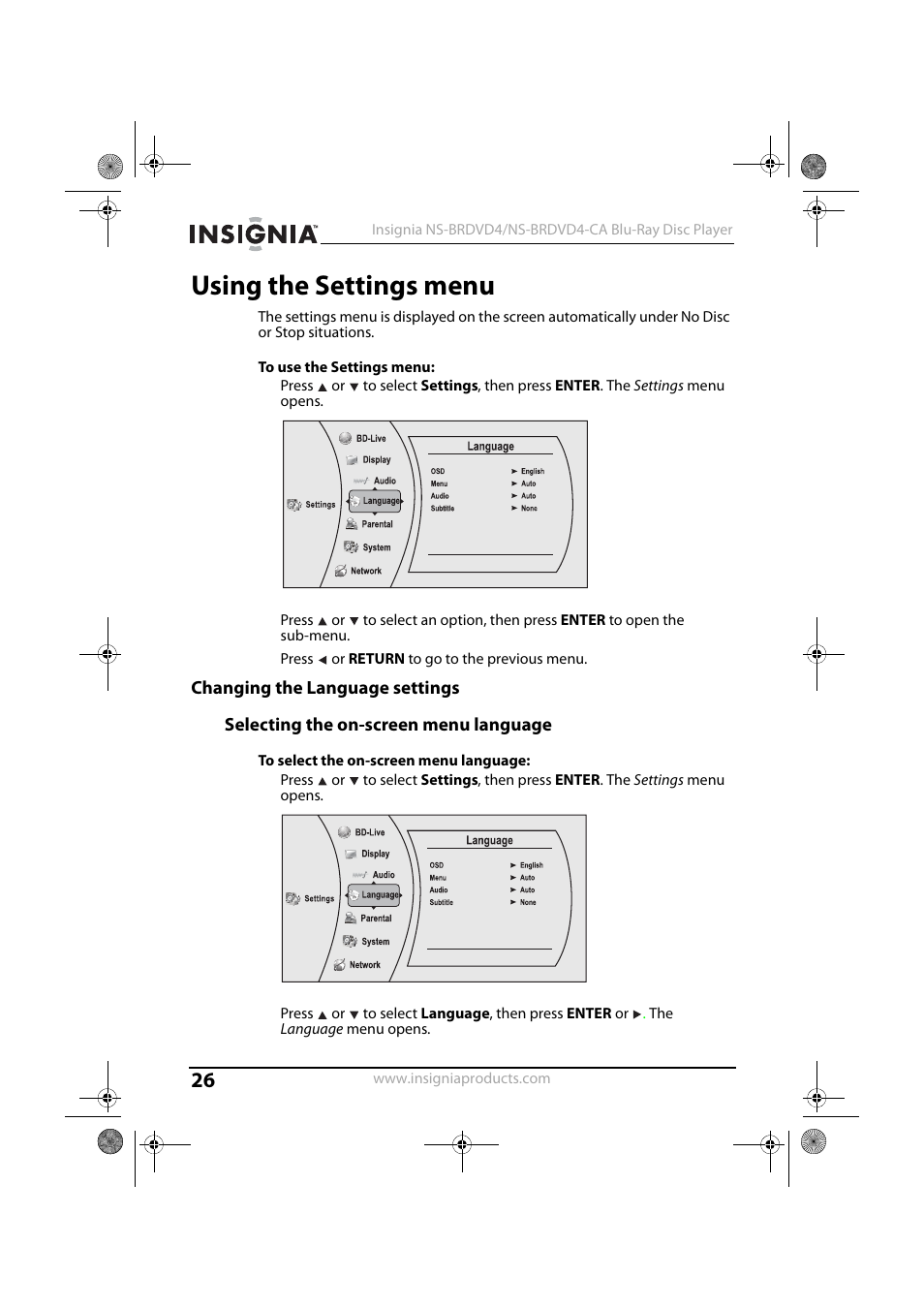 Using the settings menu, To use the settings menu, Changing the language settings | Selecting the on-screen menu language, To select the on-screen menu language | Insignia NS-BRDVD4 User Manual | Page 26 / 67