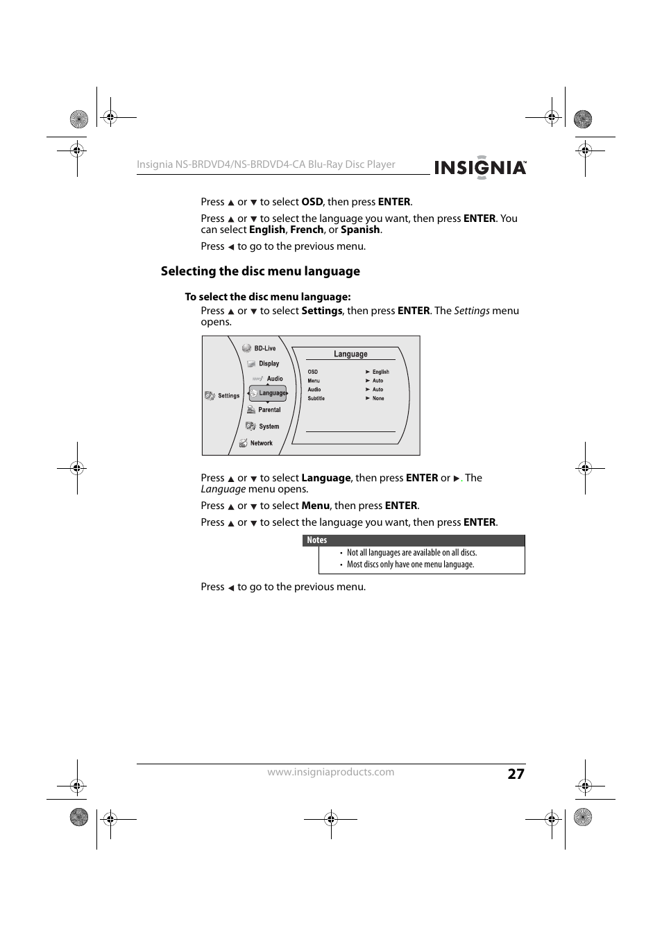 Selecting the disc menu language, To select the disc menu language | Insignia NS-BRDVD4 User Manual | Page 27 / 67