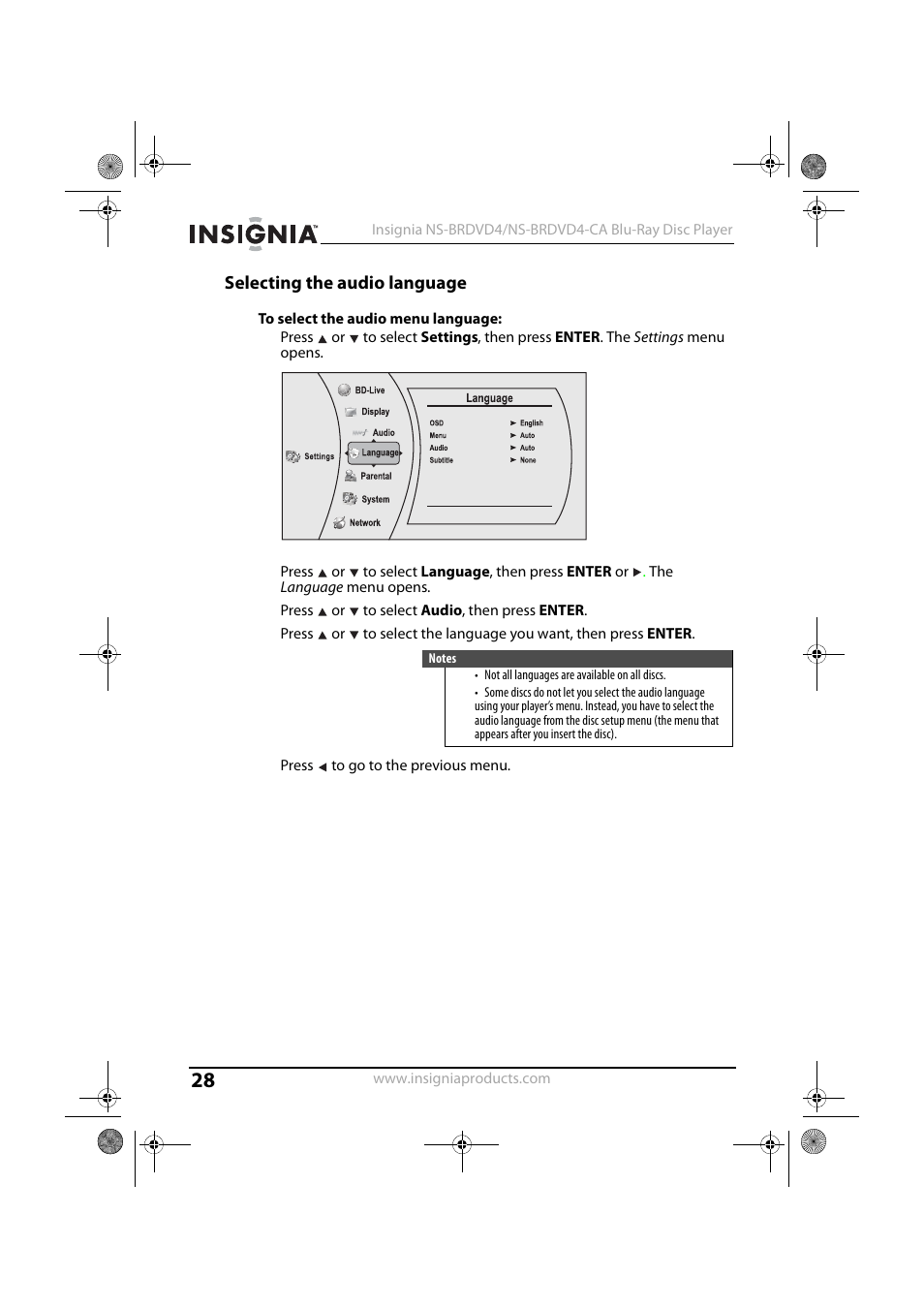 Selecting the audio language, To select the audio menu language | Insignia NS-BRDVD4 User Manual | Page 28 / 67