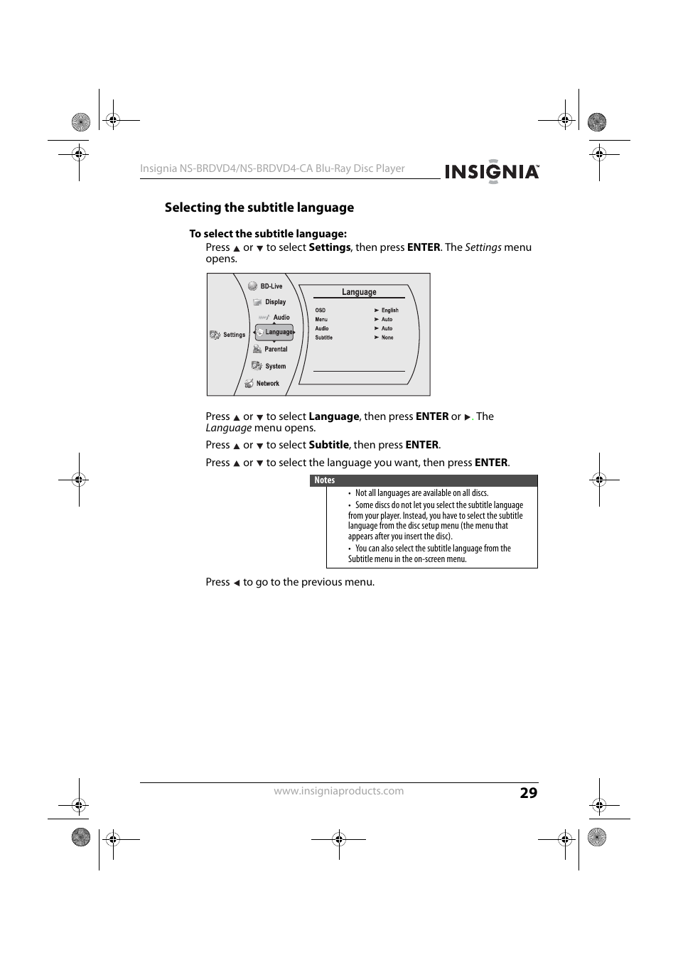 Selecting the subtitle language, To select the subtitle language | Insignia NS-BRDVD4 User Manual | Page 29 / 67