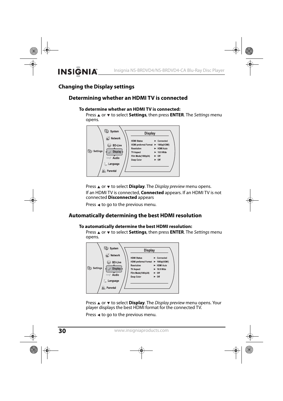 Changing the display settings, Determining whether an hdmi tv is connected, To determine whether an hdmi tv is connected | Automatically determining the best hdmi resolution | Insignia NS-BRDVD4 User Manual | Page 30 / 67