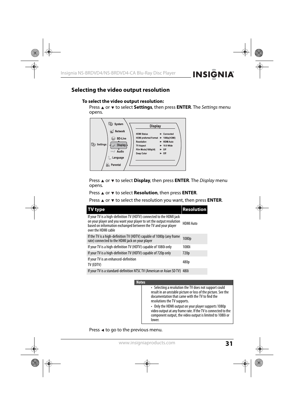 Selecting the video output resolution, To select the video output resolution, E “selecting the video output resolution” o | Insignia NS-BRDVD4 User Manual | Page 31 / 67