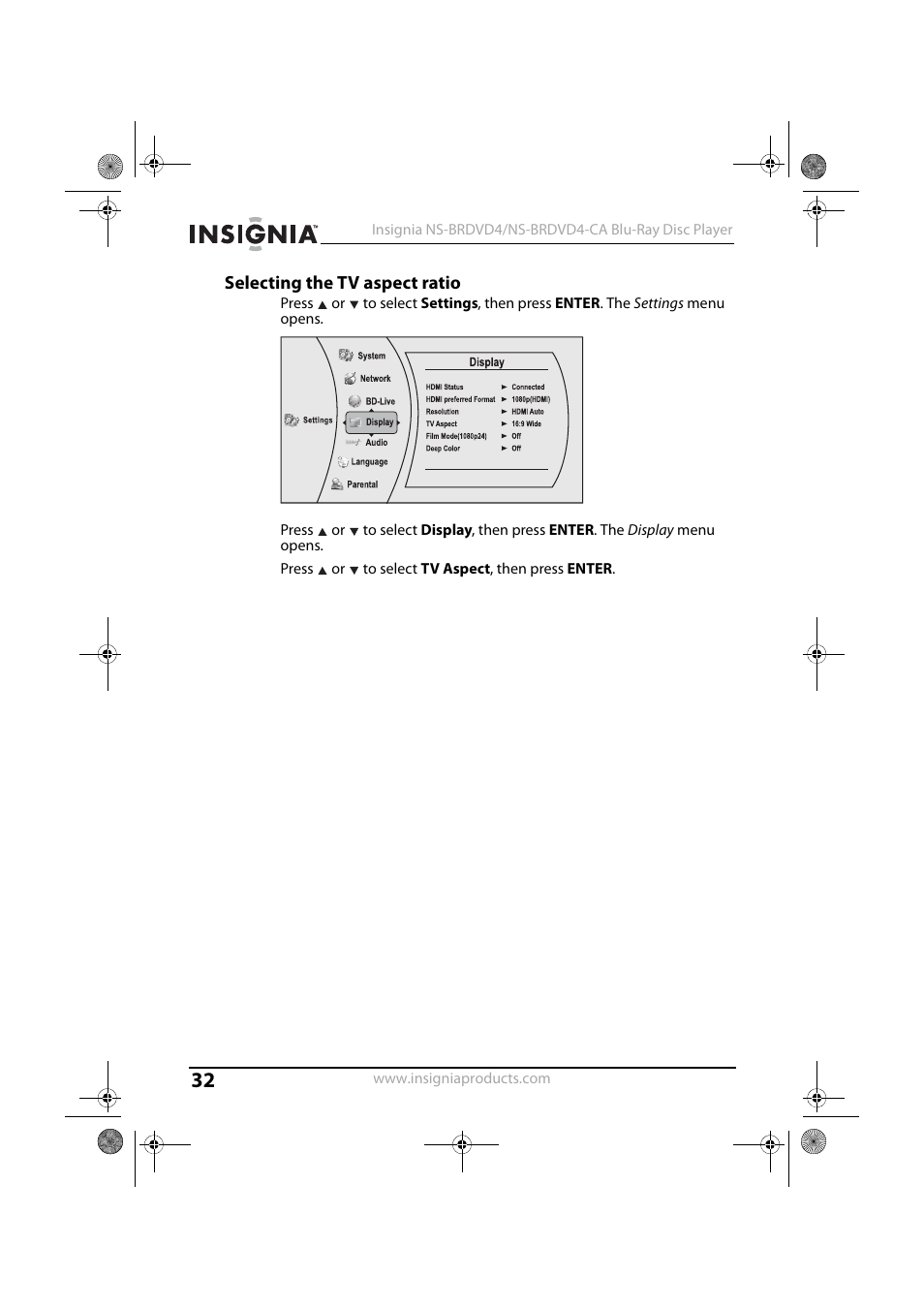 Selecting the tv aspect ratio | Insignia NS-BRDVD4 User Manual | Page 32 / 67