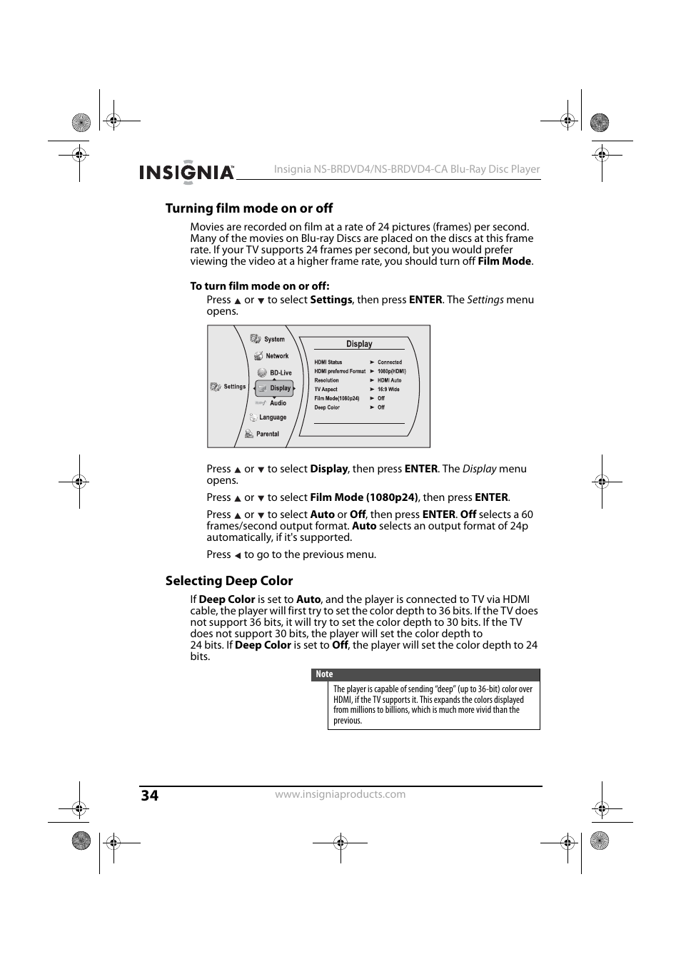 Turning film mode on or off, To turn film mode on or off, Selecting deep color | Insignia NS-BRDVD4 User Manual | Page 34 / 67