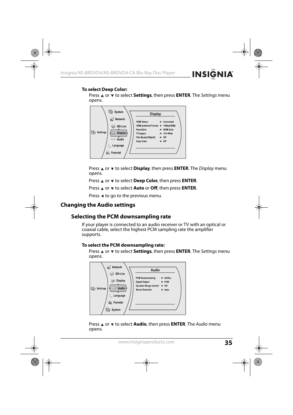 To select deep color, Changing the audio settings, Selecting the pcm downsampling rate | To select the pcm downsampling rate | Insignia NS-BRDVD4 User Manual | Page 35 / 67