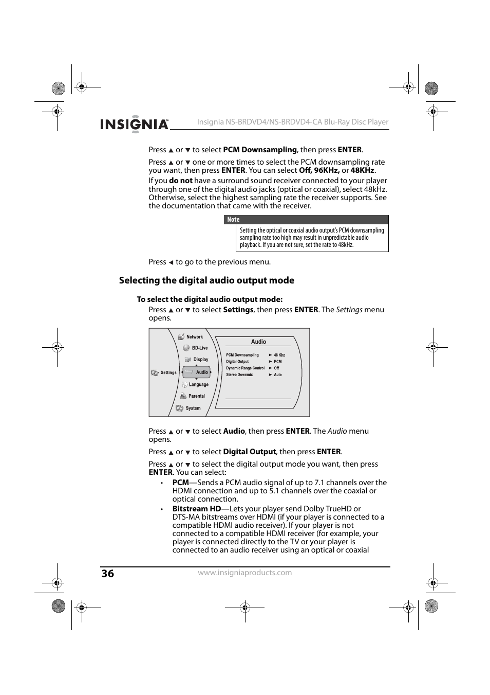 Selecting the digital audio output mode, To select the digital audio output mode | Insignia NS-BRDVD4 User Manual | Page 36 / 67