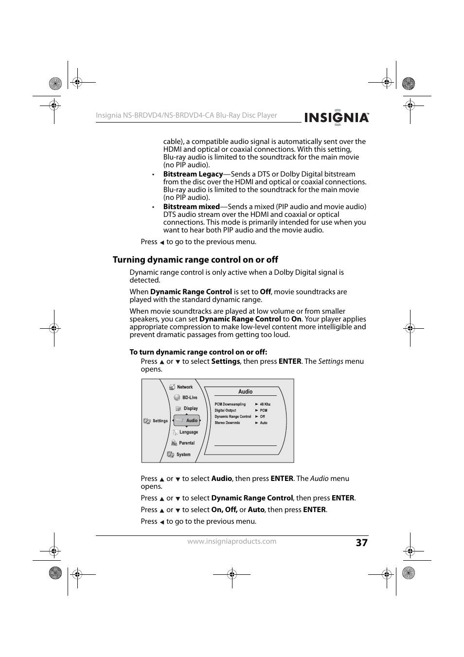 Turning dynamic range control on or off, To turn dynamic range control on or off | Insignia NS-BRDVD4 User Manual | Page 37 / 67