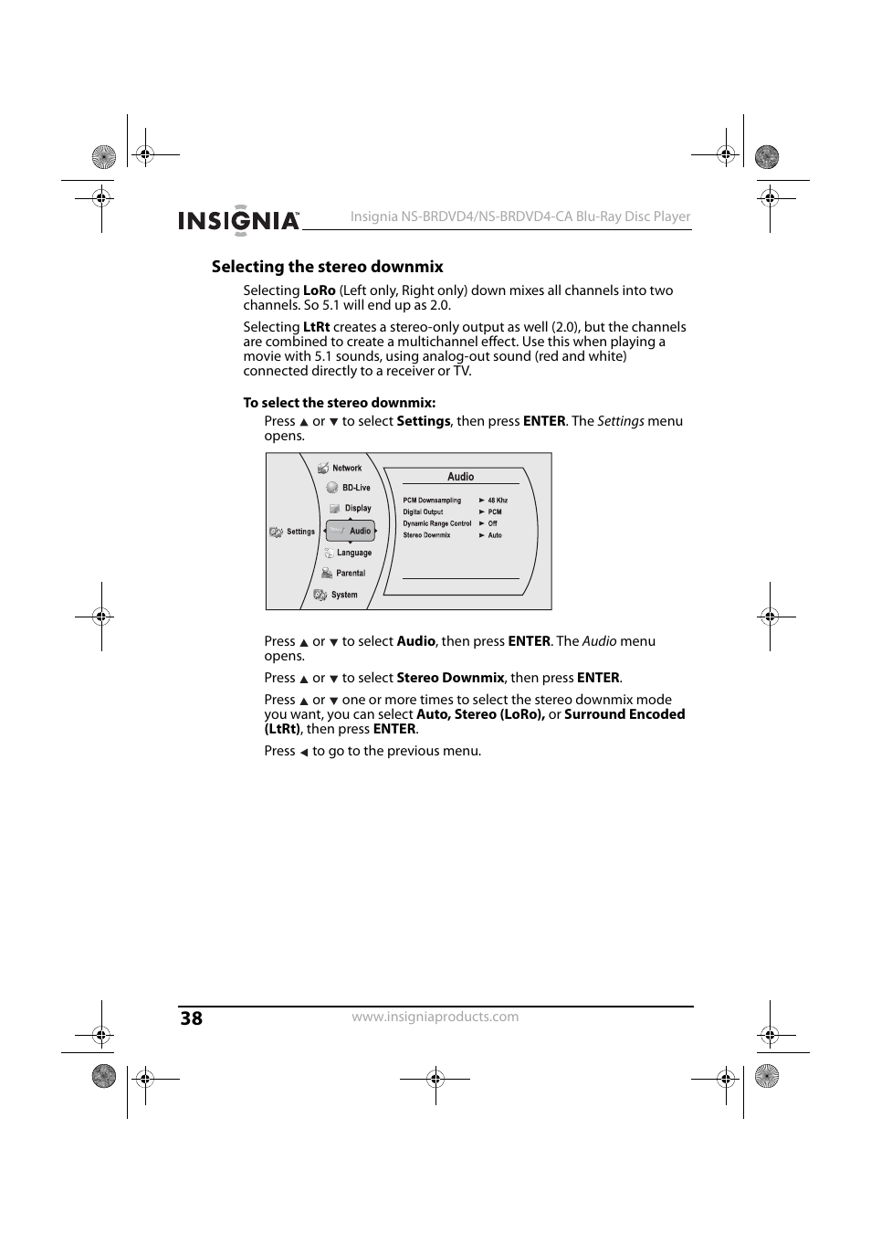 Selecting the stereo downmix, To select the stereo downmix | Insignia NS-BRDVD4 User Manual | Page 38 / 67