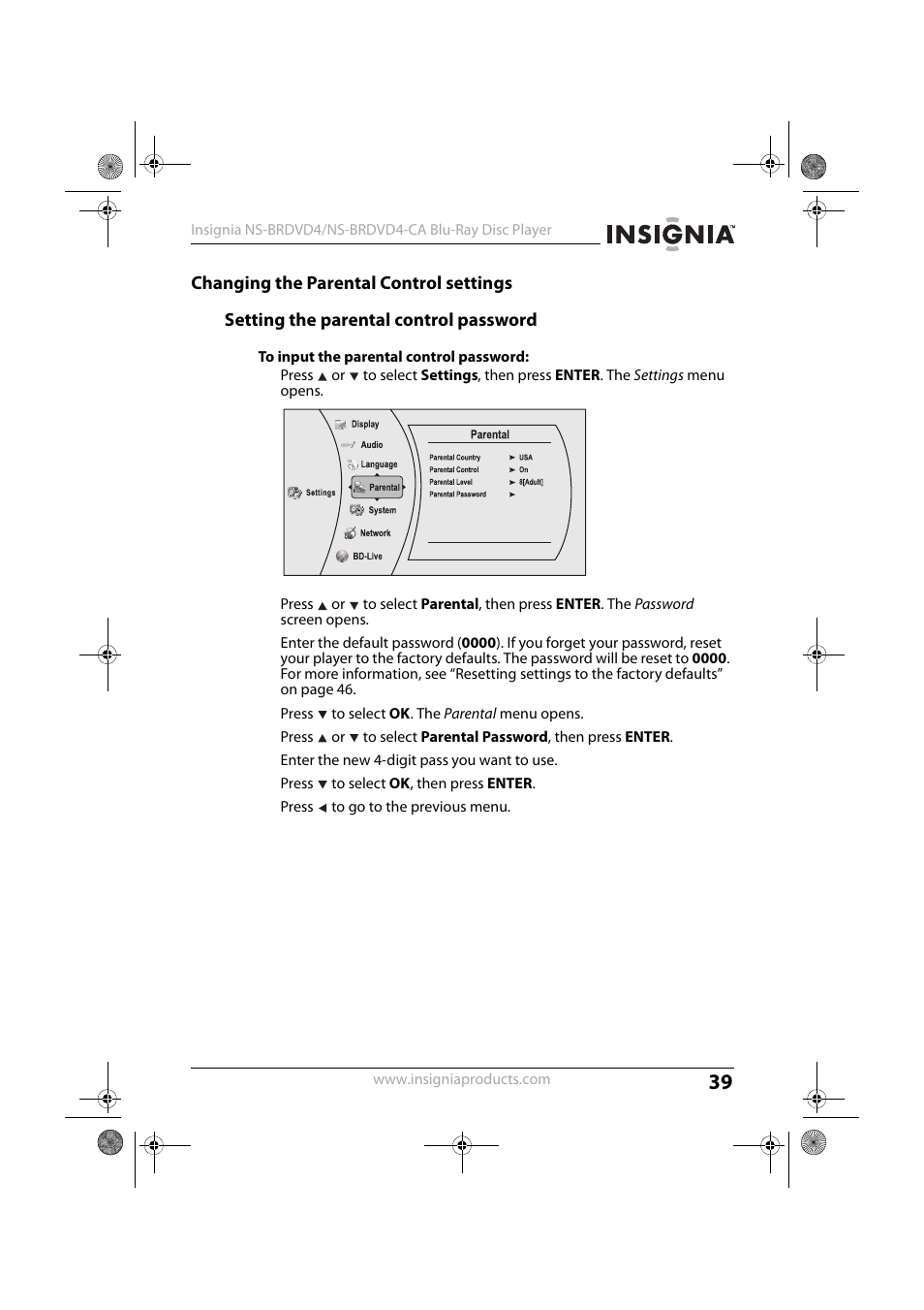 Changing the parental control settings, Setting the parental control password, To input the parental control password | Insignia NS-BRDVD4 User Manual | Page 39 / 67