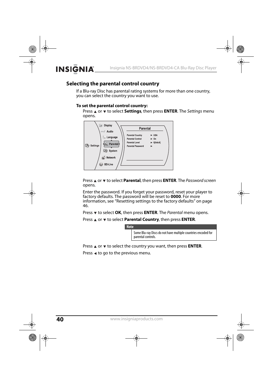 Selecting the parental control country, To set the parental control country | Insignia NS-BRDVD4 User Manual | Page 40 / 67