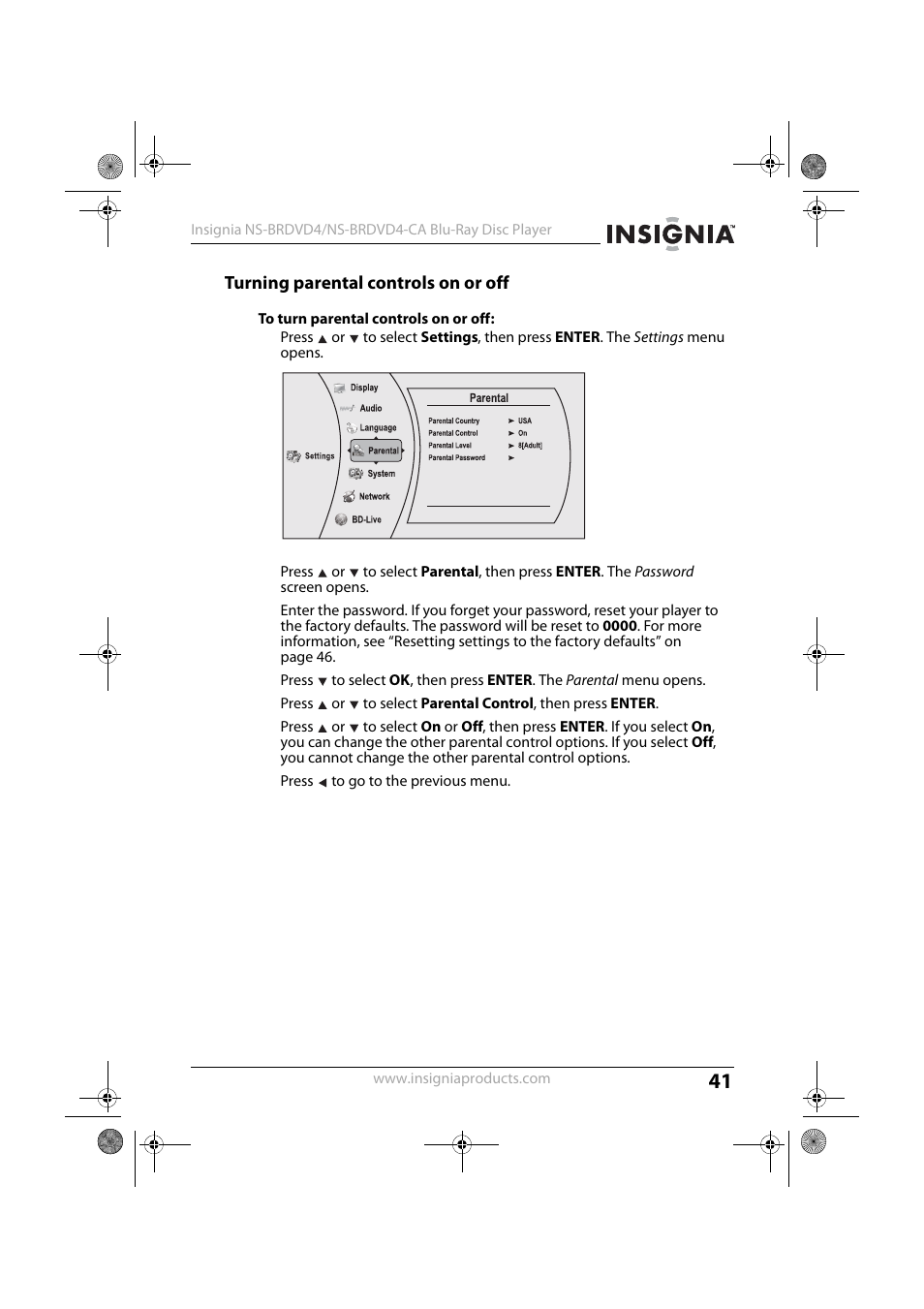 Turning parental controls on or off, To turn parental controls on or off | Insignia NS-BRDVD4 User Manual | Page 41 / 67