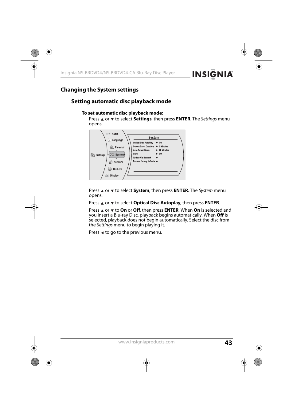 Changing the system settings, Setting automatic disc playback mode, To set automatic disc playback mode | Insignia NS-BRDVD4 User Manual | Page 43 / 67