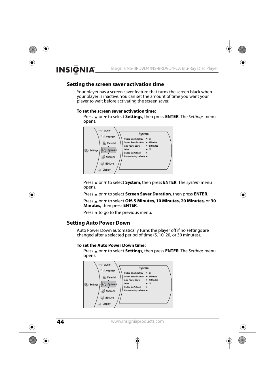 Setting the screen saver activation time, To set the screen saver activation time, Setting auto power down | To set the auto power down time | Insignia NS-BRDVD4 User Manual | Page 44 / 67