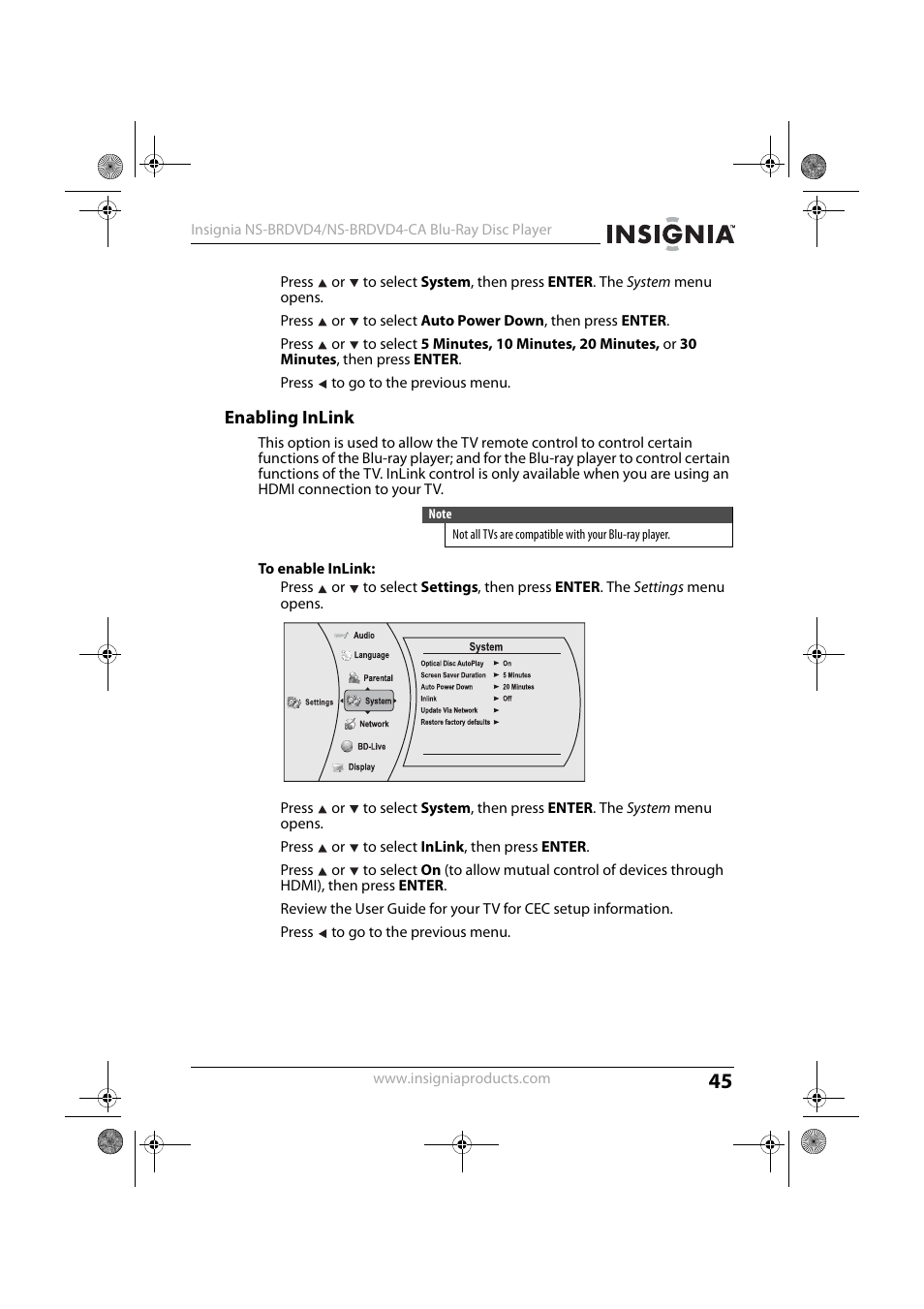 Enabling inlink, To enable inlink | Insignia NS-BRDVD4 User Manual | Page 45 / 67