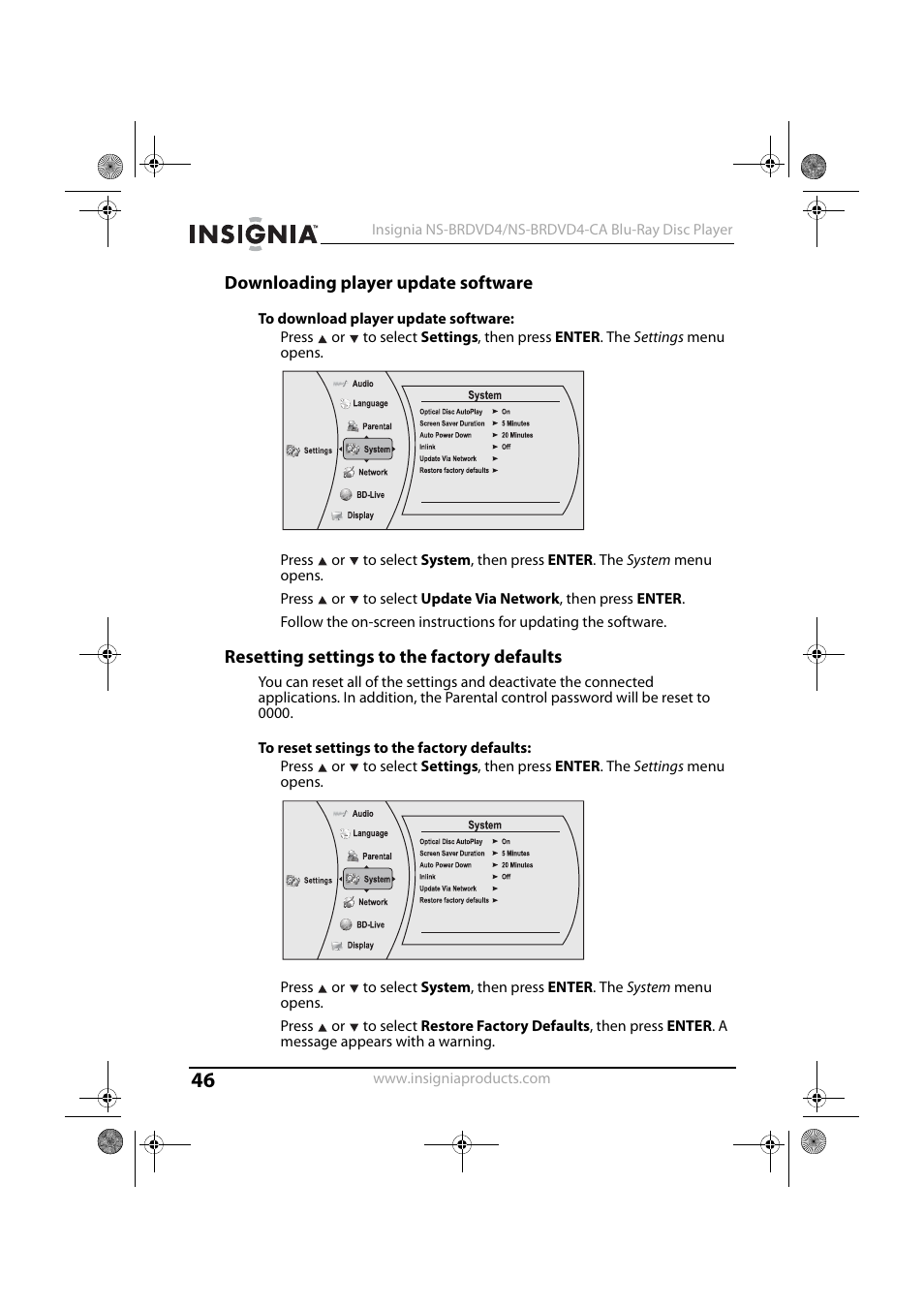 Downloading player update software, To download player update software, Resetting settings to the factory defaults | To reset settings to the factory defaults | Insignia NS-BRDVD4 User Manual | Page 46 / 67