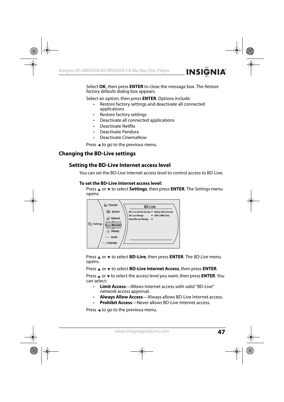 Changing the bd-live settings, Setting the bd-live internet access level, To set the bd-live internet access level | Insignia NS-BRDVD4 User Manual | Page 47 / 67