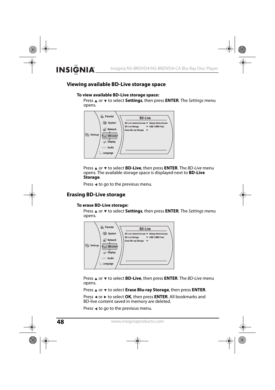 Viewing available bd-live storage space, To view available bd-live storage space, Erasing bd-live storage | To erase bd-live storage | Insignia NS-BRDVD4 User Manual | Page 48 / 67