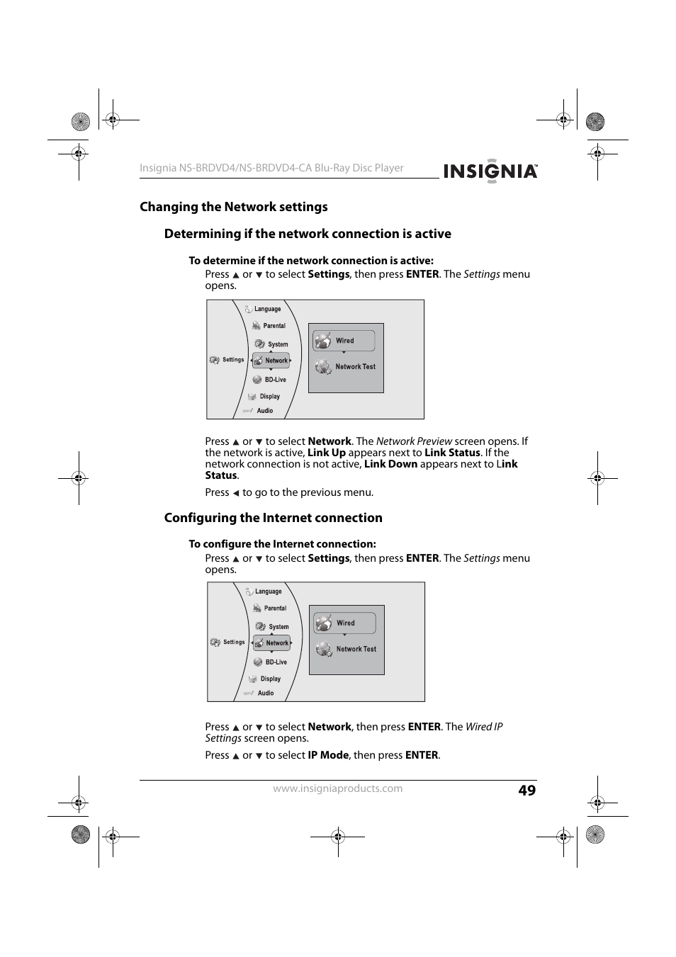 Changing the network settings, Determining if the network connection is active, To determine if the network connection is active | Configuring the internet connection, To configure the internet connection, See “configuring the internet connection | Insignia NS-BRDVD4 User Manual | Page 49 / 67