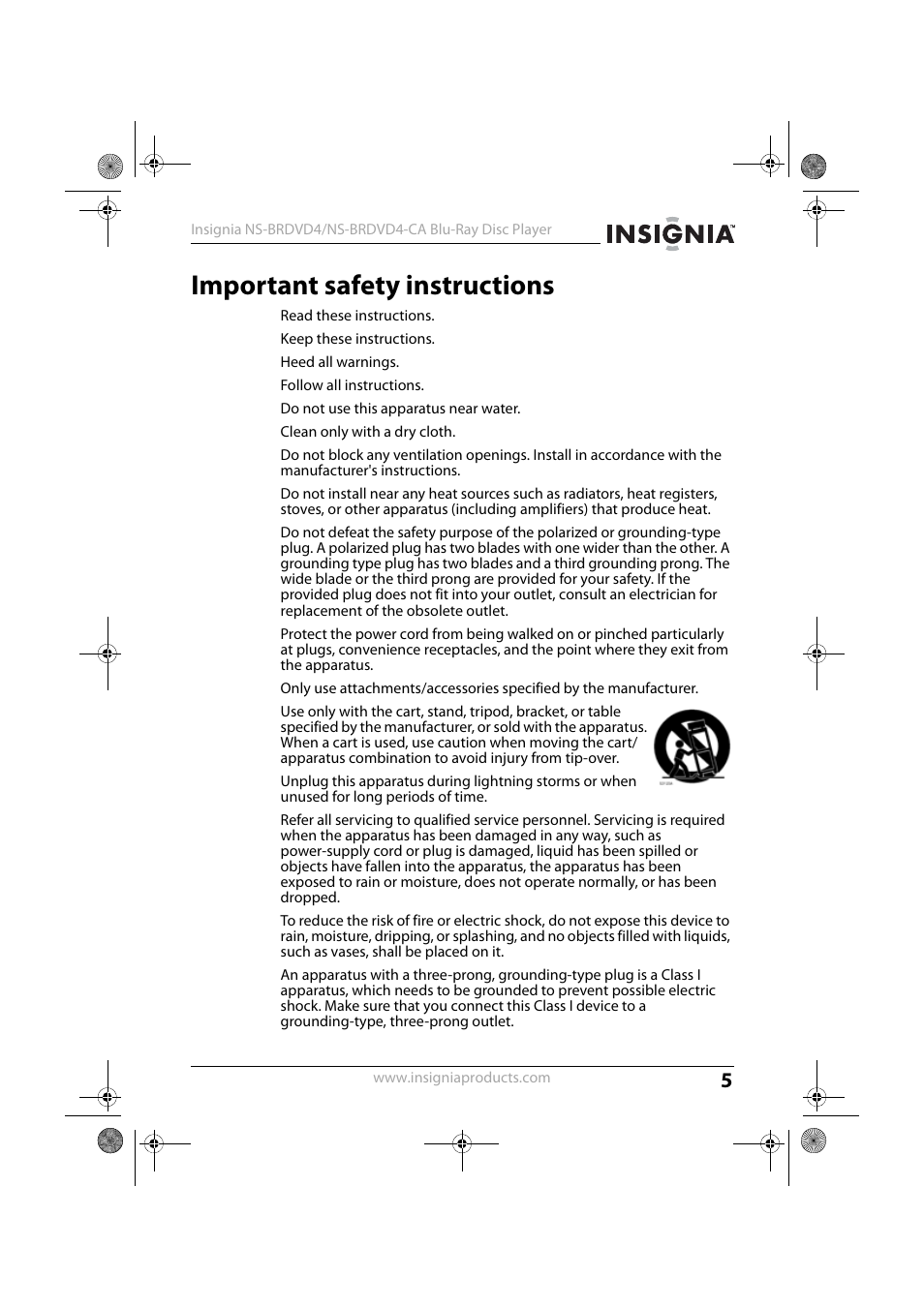 Important safety instructions | Insignia NS-BRDVD4 User Manual | Page 5 / 67