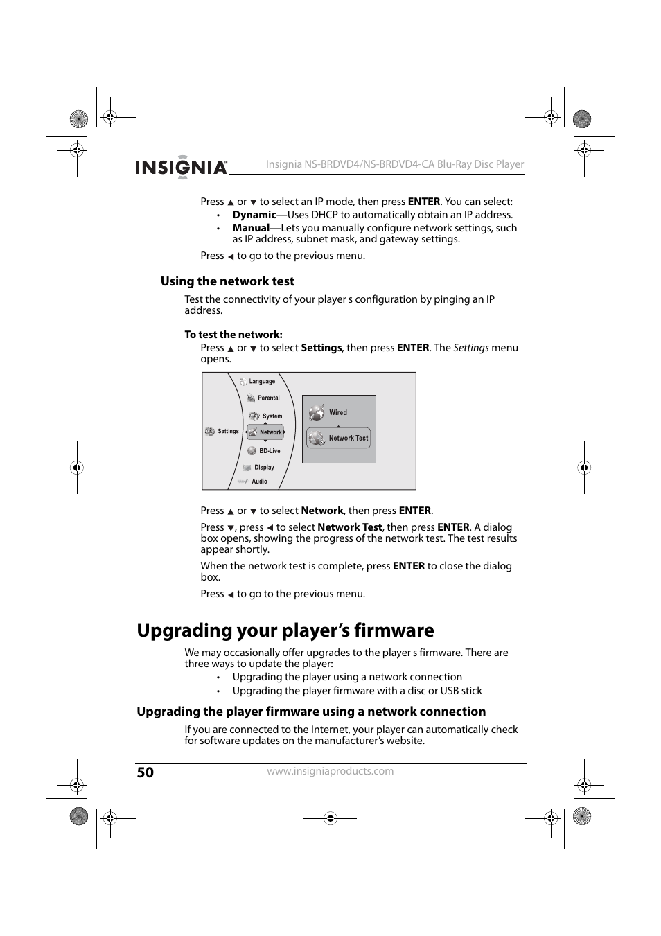 Using the network test, To test the network, Upgrading your player’s firmware | St (see “using the network test | Insignia NS-BRDVD4 User Manual | Page 50 / 67