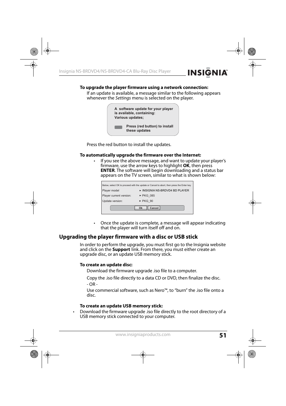 To create an update disc, To create an update usb memory stick | Insignia NS-BRDVD4 User Manual | Page 51 / 67