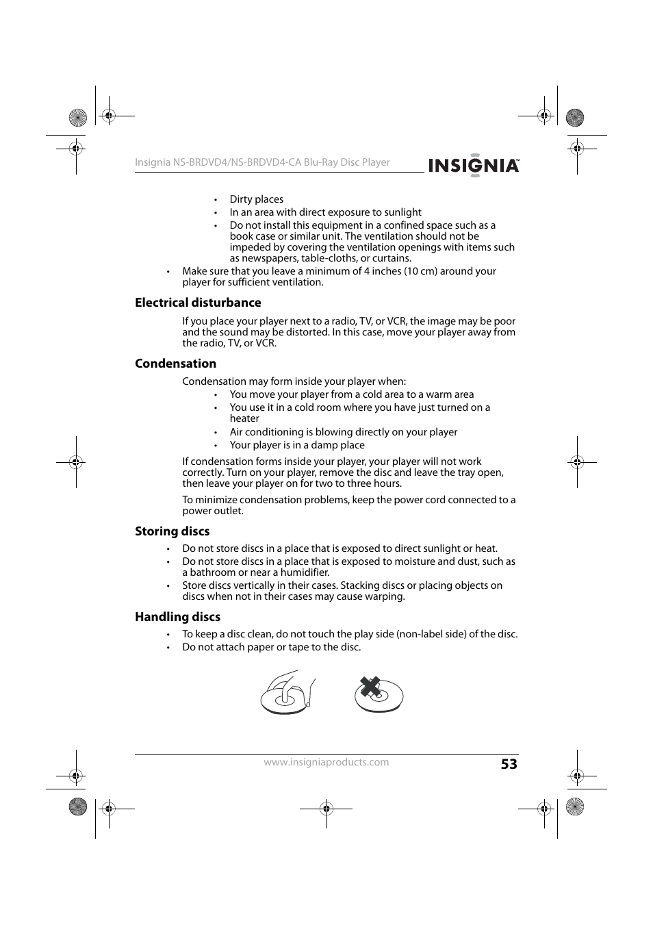 Electrical disturbance, Condensation, Storing discs | Handling discs | Insignia NS-BRDVD4 User Manual | Page 53 / 67