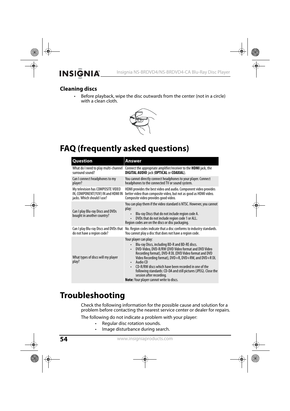 Cleaning discs, Faq (frequently asked questions), Troubleshooting | Faq (frequently asked questions) troubleshooting | Insignia NS-BRDVD4 User Manual | Page 54 / 67