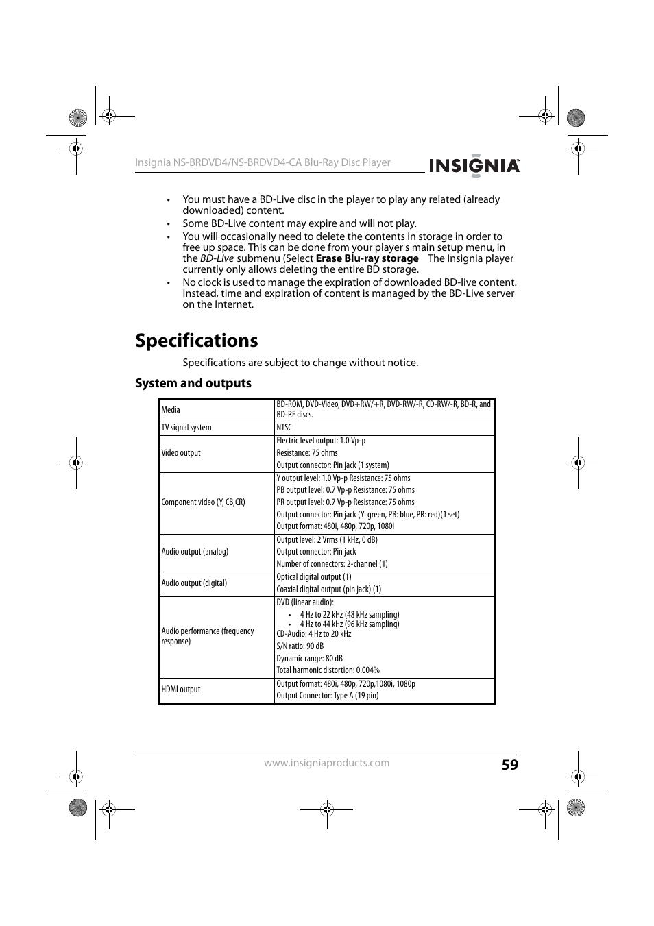 Specifications, System and outputs | Insignia NS-BRDVD4 User Manual | Page 59 / 67