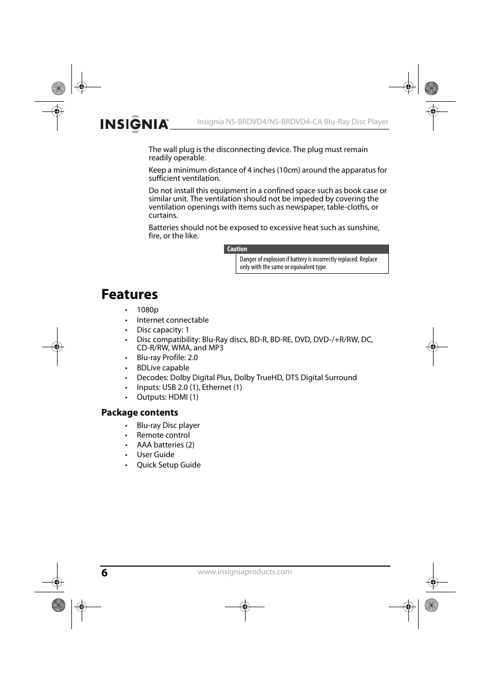 Features, Package contents | Insignia NS-BRDVD4 User Manual | Page 6 / 67