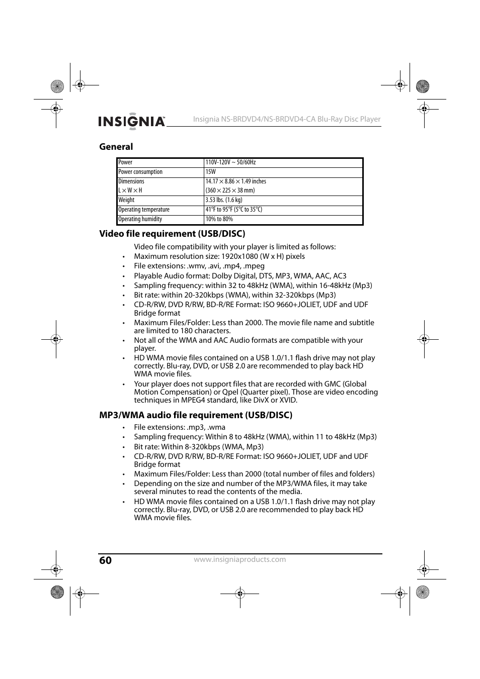 General, Video file requirement (usb/disc), Mp3/wma audio file requirement (usb/disc) | General video file requirement (usb/disc) | Insignia NS-BRDVD4 User Manual | Page 60 / 67