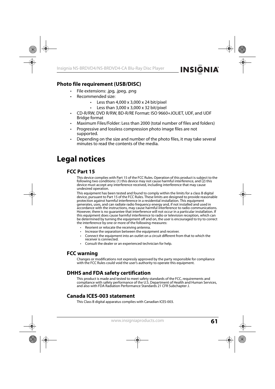 Photo file requirement (usb/disc), Legal notices, Fcc part 15 | Fcc warning, Dhhs and fda safety certification, Canada ices-003 statement | Insignia NS-BRDVD4 User Manual | Page 61 / 67