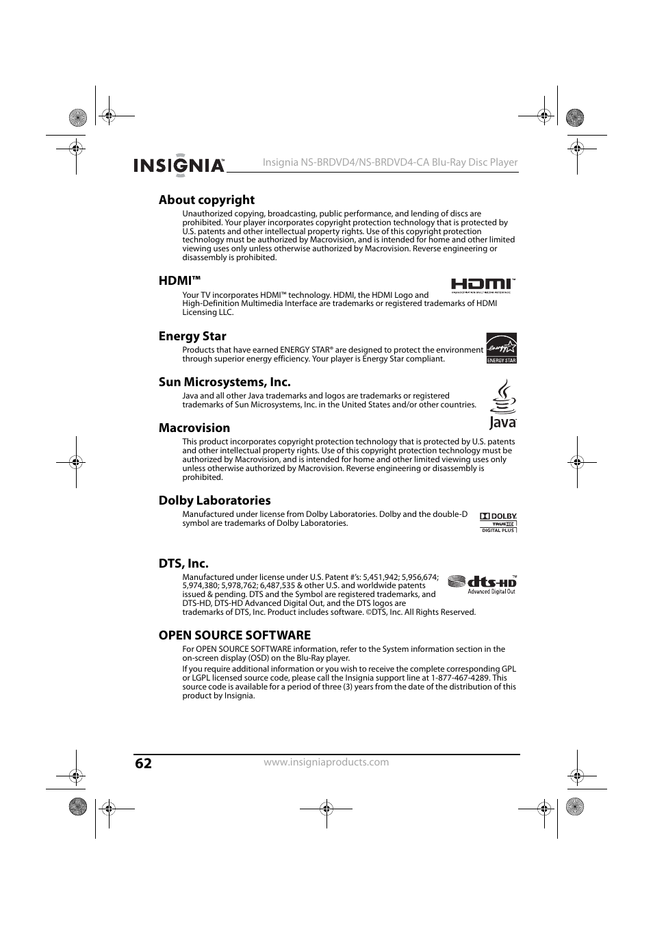 About copyright, Hdmi, Energy star | Sun microsystems, inc, Macrovision, Dolby laboratories, Dts, inc, Open source software | Insignia NS-BRDVD4 User Manual | Page 62 / 67