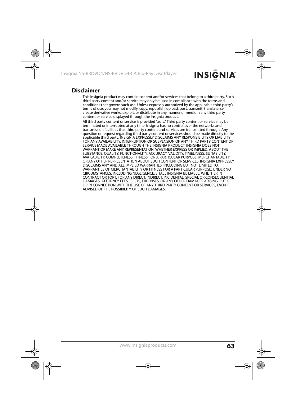 Disclaimer | Insignia NS-BRDVD4 User Manual | Page 63 / 67