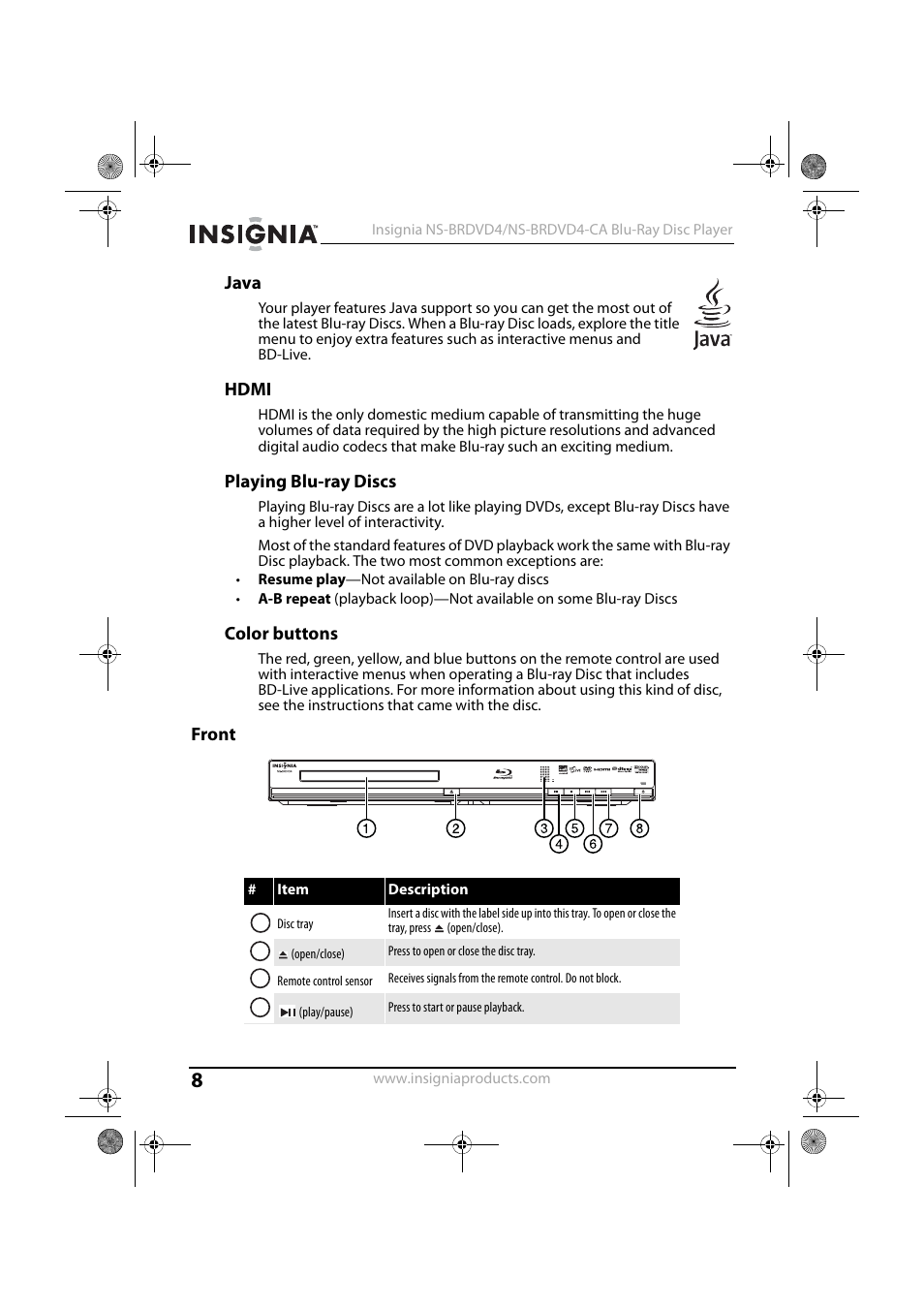 Java, Hdmi, Playing blu-ray discs | Color buttons, Front | Insignia NS-BRDVD4 User Manual | Page 8 / 67