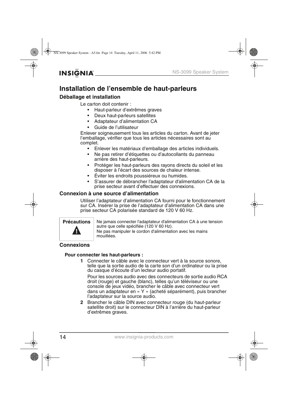 Installation de l’ensemble de haut-parleurs | Insignia NS-3099 User Manual | Page 15 / 28