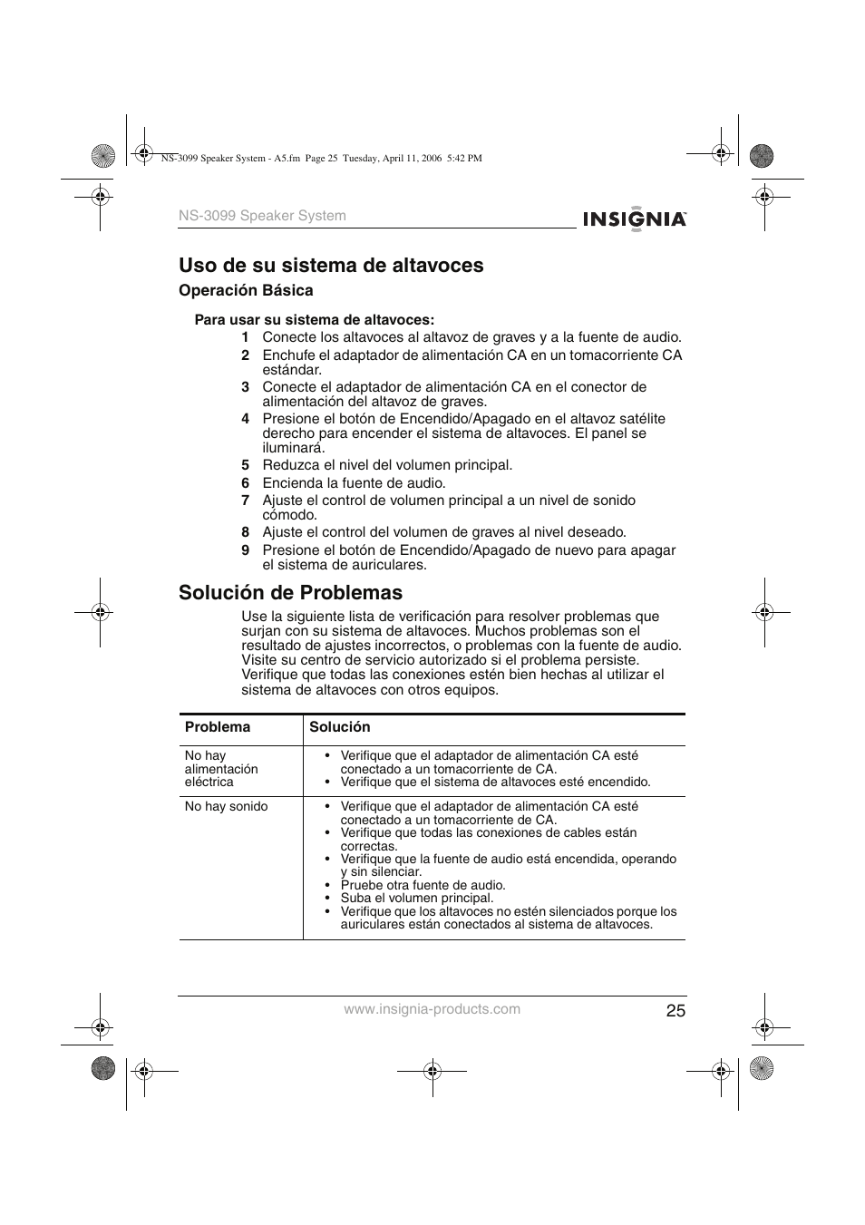 Uso de su sistema de altavoces, Solución de problemas | Insignia NS-3099 User Manual | Page 26 / 28