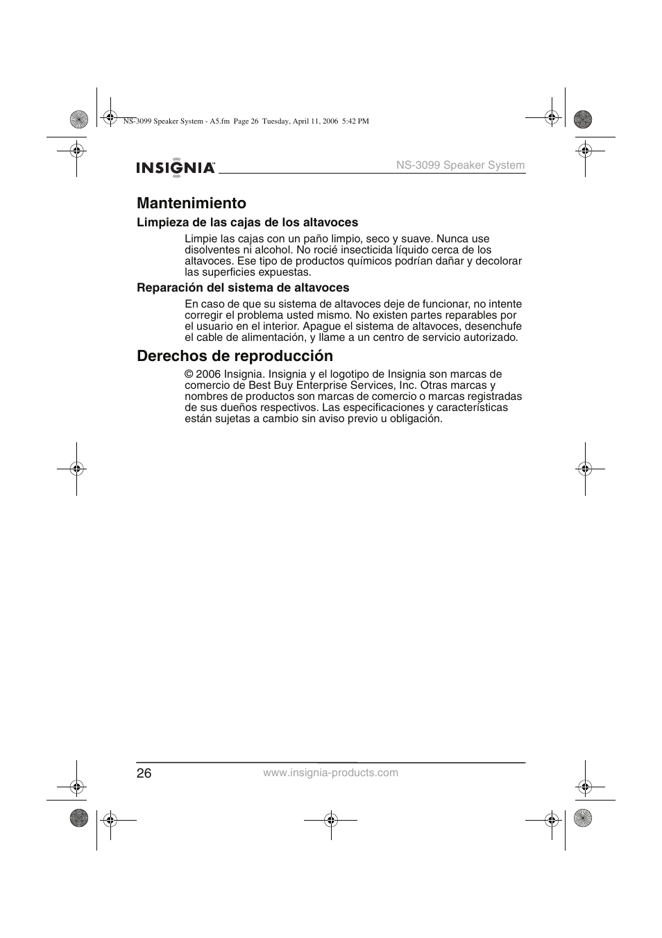 Mantenimiento, Derechos de reproducción | Insignia NS-3099 User Manual | Page 27 / 28