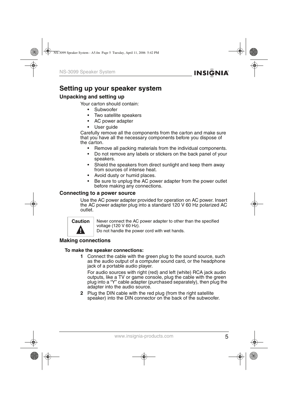 Setting up your speaker system | Insignia NS-3099 User Manual | Page 6 / 28
