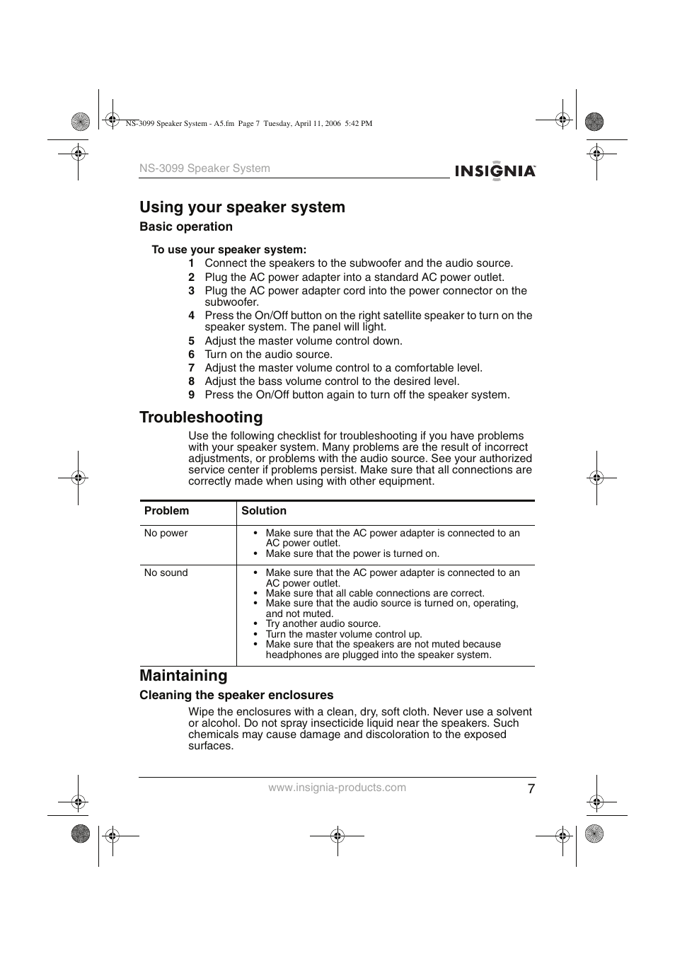Using your speaker system, Troubleshooting, Maintaining | Insignia NS-3099 User Manual | Page 8 / 28