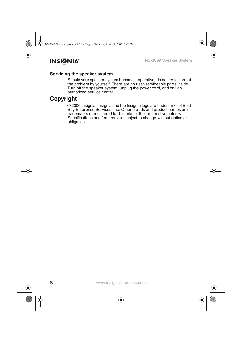 Copyright | Insignia NS-3099 User Manual | Page 9 / 28